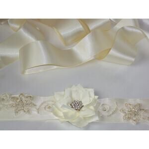 Lace beaded ivory flora belt sash, wedding bridal dress lace appliqued sash belt
